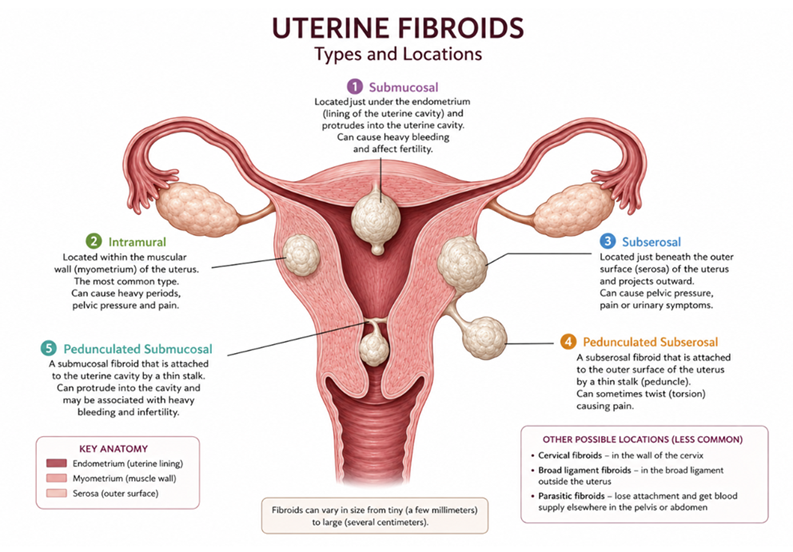 Uterine fibroid types (Produced by Megan Lovell with AI assistance)